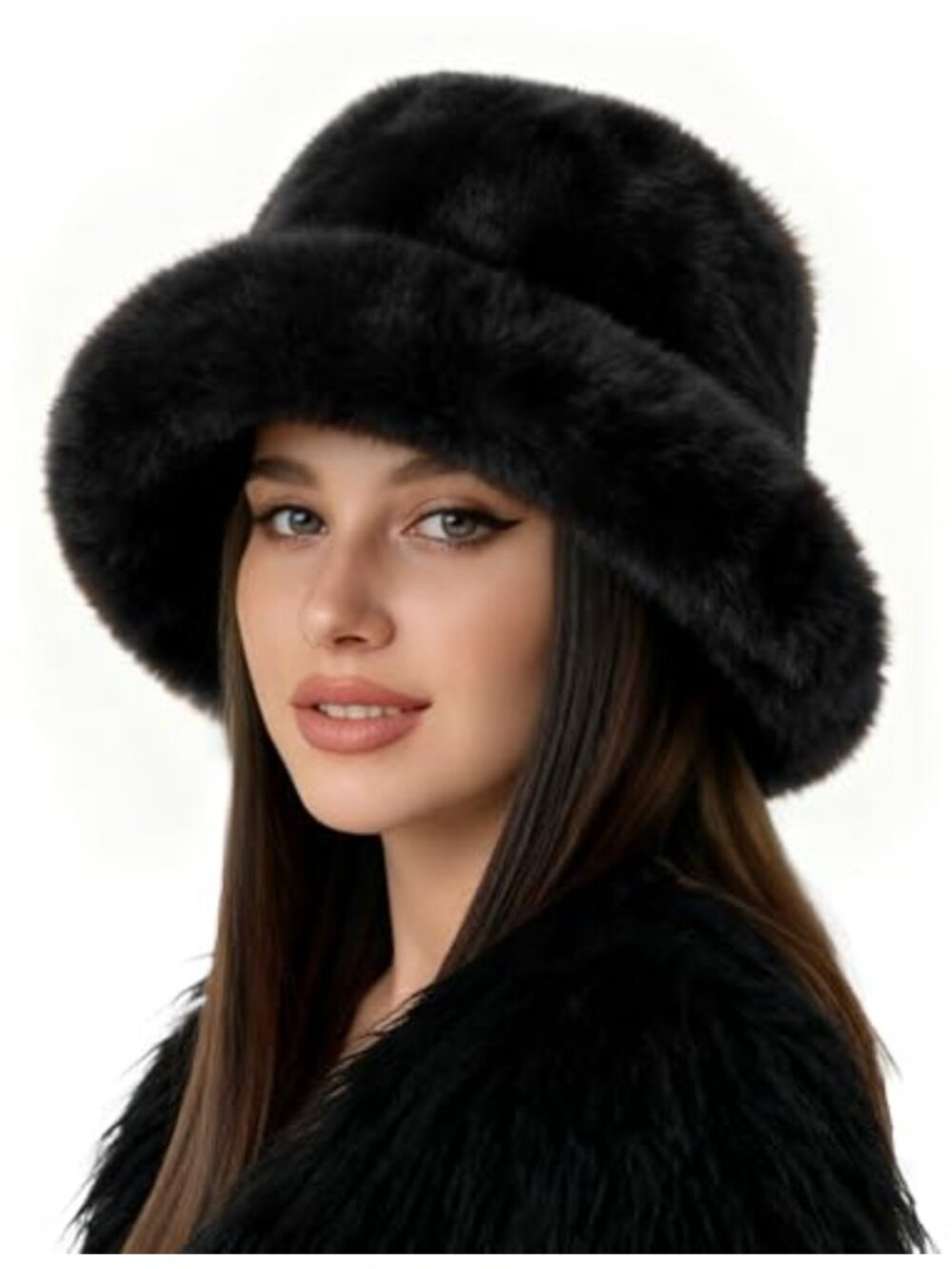 Fuzzy Faux Fur Wide Brim Moldable Bucket Hat Warm Winter Fisherman Cap